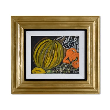 Louis Albert Gayrin Fruit Still Life Painting in Black Yellow Green Orange Gouache 