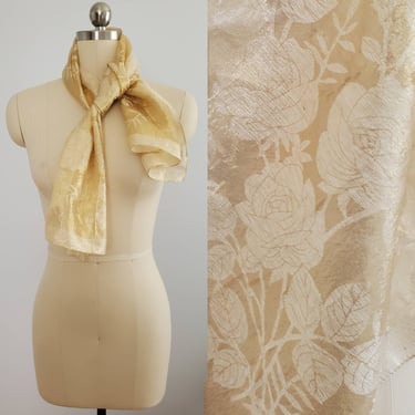 1970s Gold Lamé Scarf with Beautiful Rose Pattern- 70s Vintage Accessories - 70s Fashion 