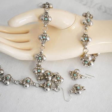1980s Mexican Sterling and Turquoise Necklace, Bracelet, and Earrings Set 