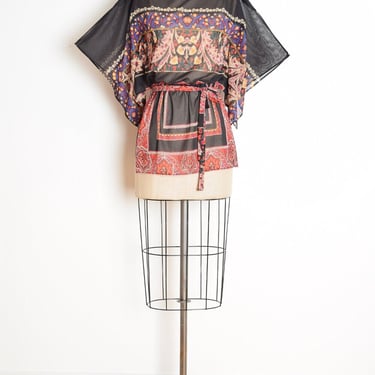 vintage 70s top scarf print kimono shirt blouse hippie boho draped S M clothing 