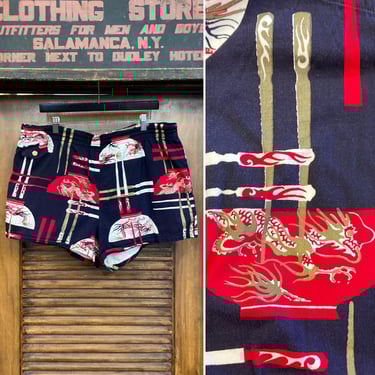 Vintage 1950’s “Shaheen’s” Atomic Dragon Rice Bowl Cotton Tiki Hawaiian Swim Trunks, Shaheens, 1950’s Shirt 