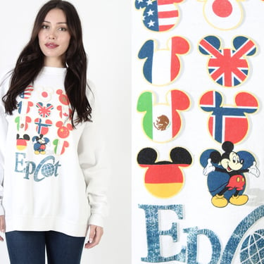 90s Disneyworld Epcot Center Flags Sweatshirt Size XXL, Vintage 1990s Mickey Mouse Disney World White Jumper 