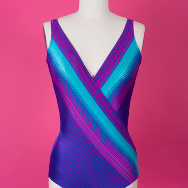 Vintage 80s Jantzen Deep V Wrap-Style Teal and Purple Blue Low Back One-Piece Swimsuit 