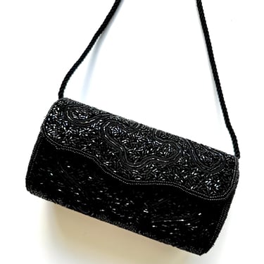 Vintage Walborg Black Beaded Evening Bag 70s Disco 80s Glam Shoulder Purse 