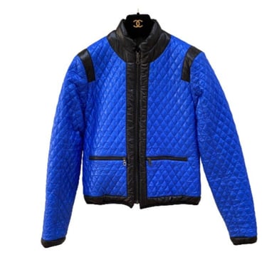 Vintage 90’s CHANEL CC Monogram Logo Blue Black Quilted Puffer Ski Snow Jacket Coat fr 36 / Us 4 / S -M 