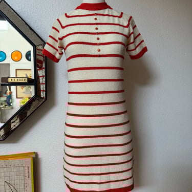 Vintage 60s Mod Mini Mockneck Independence Day Dress Stripes Red Button Front Details; 70s 4th of July Polyester Knit Geometric Dress 