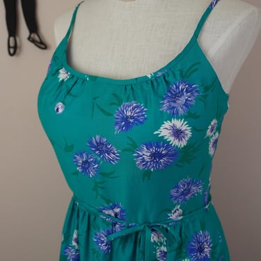 Vintage 1960's Chrysanthemum Maxi Dress / 70s Teal Floral Malia Dress L 