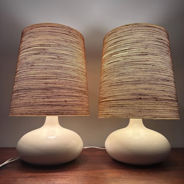Lotte Bostlund Pair of Lamps - White Stoneware Mid Century MCM - Natural Jute Original Shades - Vintage 