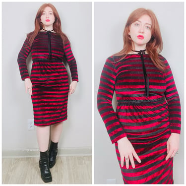 1970s Vintage Jonathan Logan Black and Red Wiggle Dress / 70s Striped Elastic Waist Velvet Dress / Size Medium 