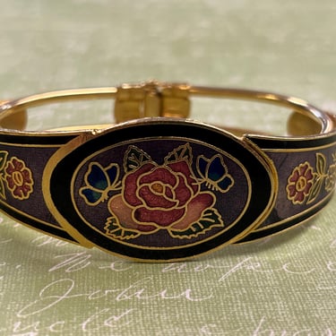 vintage cloisonné cuff 1970s enamel rose clamper bracelet 