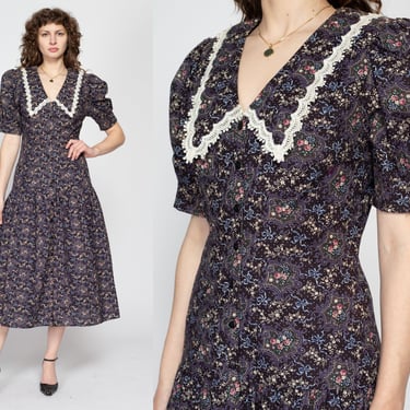 Medium 80s Gunne Sax Black Floral Chelsea Collar Dress | Vintage Puff Sleeve Button Up Low Waist Midi Dress 