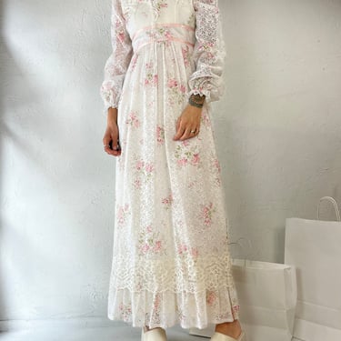 70s Pink & White Lacey Long Sleeve Peasant Dress / Small 
