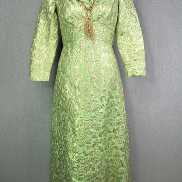 Mid Century Mod - Green Damask Lame - Cocktail Gown - Hostess Dress - for L Strauss and Co 