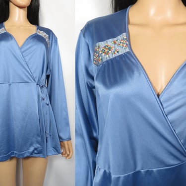 Vintage Embroidered Panel Periwinkle Wrap Tunic Loungewear Top Made In USA Size L 