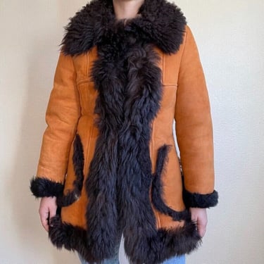 Vintage 1970s Womens Penny Lane Shearling Afghan Leather Retro Hippie Coat Sz S 