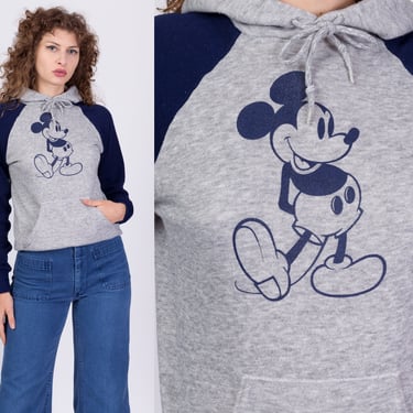 80s Mickey Mouse Hoodie - Medium | Vintage Disney Cartoon Raglan Sleeve Hooded Sweatshirt 