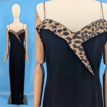 Vintage 90s Large Black Velvet Bombshell Dress - Nineties Black Velvet and Leopard Print Floor Length Gown 