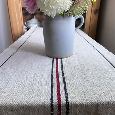 Beautiful rustic vintage French grain sac table runner with red and black stripes herringbone patterns- TR1 