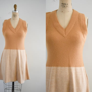 1970s Camel Sweater Knit Mini Dress 