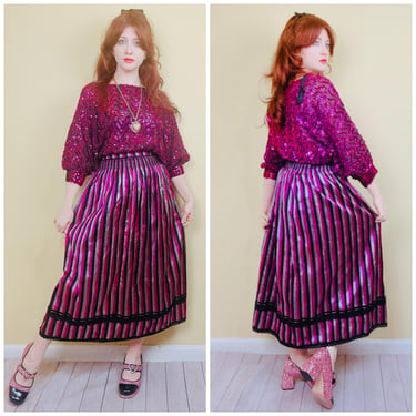 1980s Vintage Silver and Hot Pink Striped Skirt / 80s High Waisted Raw Silk Flared Skirt / Size Small 