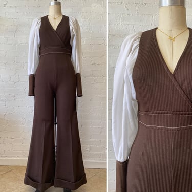 Vintage 1970s balloon sleeve bellbottom jumpsuit, brown and white pinstriped polyester, small, jerell Texas, mod 70s pantsuit 