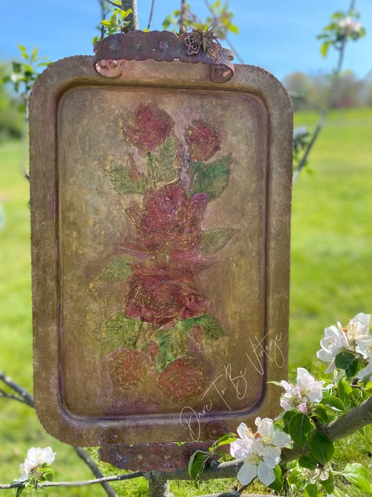 Vintage Hand Painted Rose Flower Tray~ One Of A Kind ~ Upcycled Decorative Tray~ Vintage Hanging Wall Art ~ Vanity Tray ~ Rose Art 