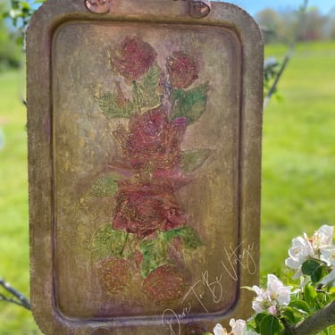 Vintage Hand Painted Rose Flower Tray~ One Of A Kind ~ Upcycled Decorative Tray~ Vintage Hanging Wall Art ~ Vanity Tray ~ Rose Art 