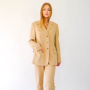 Vintage Escada Sport Light Tan Shimmer Cotton Blend Three Button Pant Suit | Made in Slovenia | 1990s Y2K Escada Designer Stretch Fit Suit 
