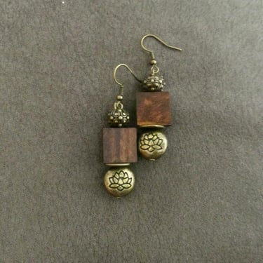 Wooden earrings, bronze lotus flower earrings, Afrocentric earrings, mid century modern earrings, African earrings, bold statement, unique 