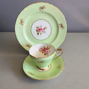 Vintage Sutherland Bone China Mint Green Roses Tea Cup Saucer Luncheon Plate 