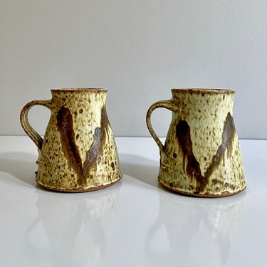 Pair of Handmade Hand Thrown, Studio Pottery, Stoneware Mugs - Signed, Rustic Modern, Matte Splatter Glaze, Espresso Brown n Creamy Yellow 