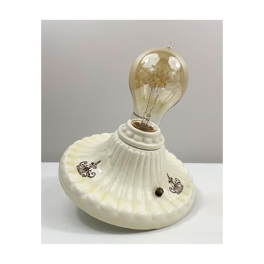 Refurbished Bare Bulb Flush Mount Porcelier Porcelain Fixture - Deco Era - Ivory with Brown Design - Ready to Hang - 1930's 