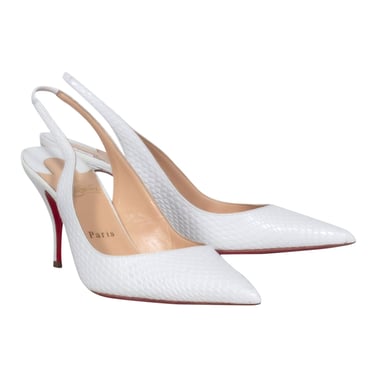 Christian Louboutin - White Reptile Embossed Pointed Toe Slingback Heels Sz 8.5