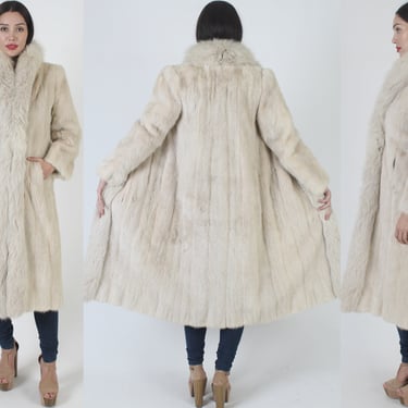 Vintage 80s Platinum Mink Fur Jacket, Plush Real Arctic Fox Fur Trim Coat, Chubby Corded Winter Apres Ski Rose OverCoat 