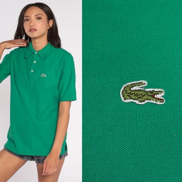Green Lacoste Polo 90s Izod Collared Shirt Crocodile Short Sleeve Top Retro Plain Preppy Half Button Up T-shirt Vintage 1990s Mens Large L 