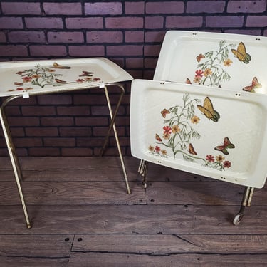Set of 4 White Fiberglass Butterfly TV Trays with Storage Rack 