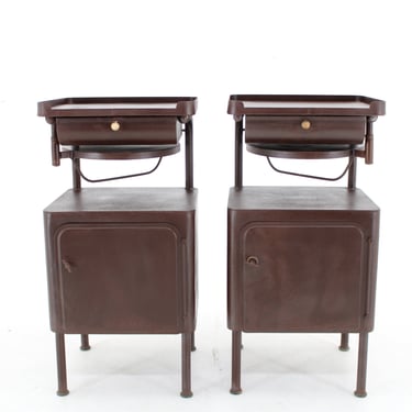 1940s Pair of Industrial Nightstands with Pull Out Table Czechoslovakia / Mid-century / Brown Colour / Vintage Table / 