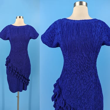 Eighties Degre Purple Crinkle Short Sleeve Body Con Low Back Dress - XS / Small 