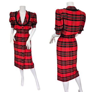 Vtg Albert Nipon 1980's Red Black Silk Plaid Dress I Sz Med I Sz 4 