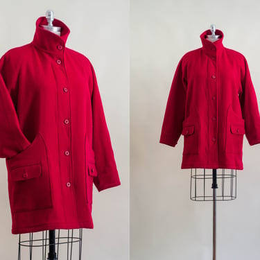 red wool coat | 80s 90s plus size vintage Woolrich mackinaw heavy high collar women's warm winter overcoat 