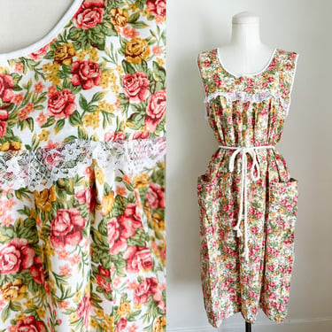Vintage 1980s Deadstock Floral House Dress / L (Coral & Orange) 