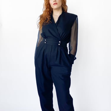 1980s Black Sheer Sleeve Jumpsuit sz. L/XL