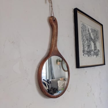 Vintage Hand Crafted Wooden Hand Mirror 