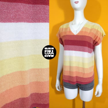 Iconic Vintage 70s Rust Colored Rainbow Vibes Terrycloth Top with V Neck 