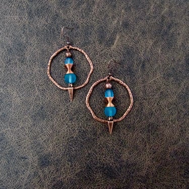 Hammered copper earrings, hoop earrings, frosted glass earrings, industrial earrings, unique statement earrings, teal earrings, rustic 