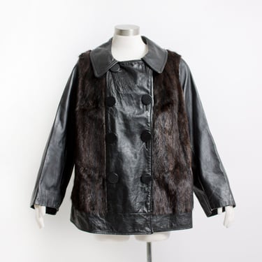 1960s Fur Coat Black Leather Mod Jacket X Large 