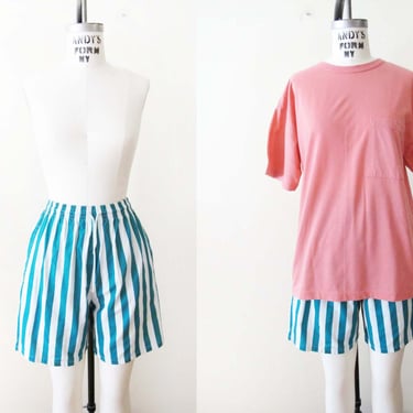 Vintage 90s Green Stripe Shorts XS S - 1990s High Elastic Waist Vertical Stripe Casual Long  Cotton Shorts 