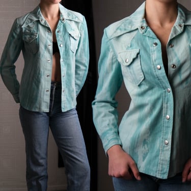 Vintage 70s DiCosta Teal Dye Washed Moleskin Western Styled Silver Snap Button Shirt w/ Bohemian Yoke Design | 1970s Designer Western Shirt 