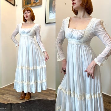 Vintage 1970s Dress / 70s Gunne Sax Lace Maxi Dress / Blue White ( XS ) 