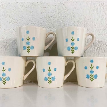 Vintage Set of 5 Coffee Cups Floral Mid Century Atomic Aqua Blue Atomic Ceramic USA MCM Mad Men Tea 1960s 